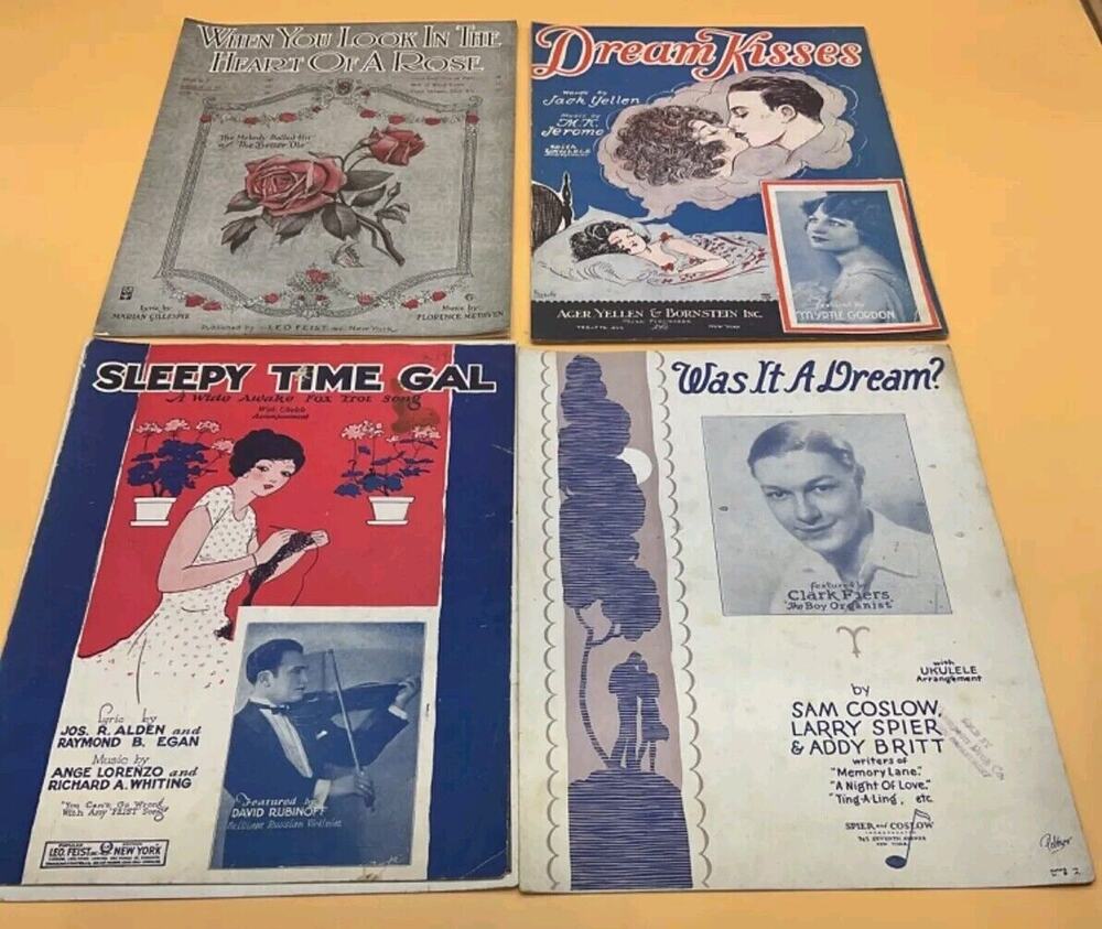 4 Vintage Sheet Music – Romantic and Dreamy Themes, "Dream Kisses," "Sleepy Time